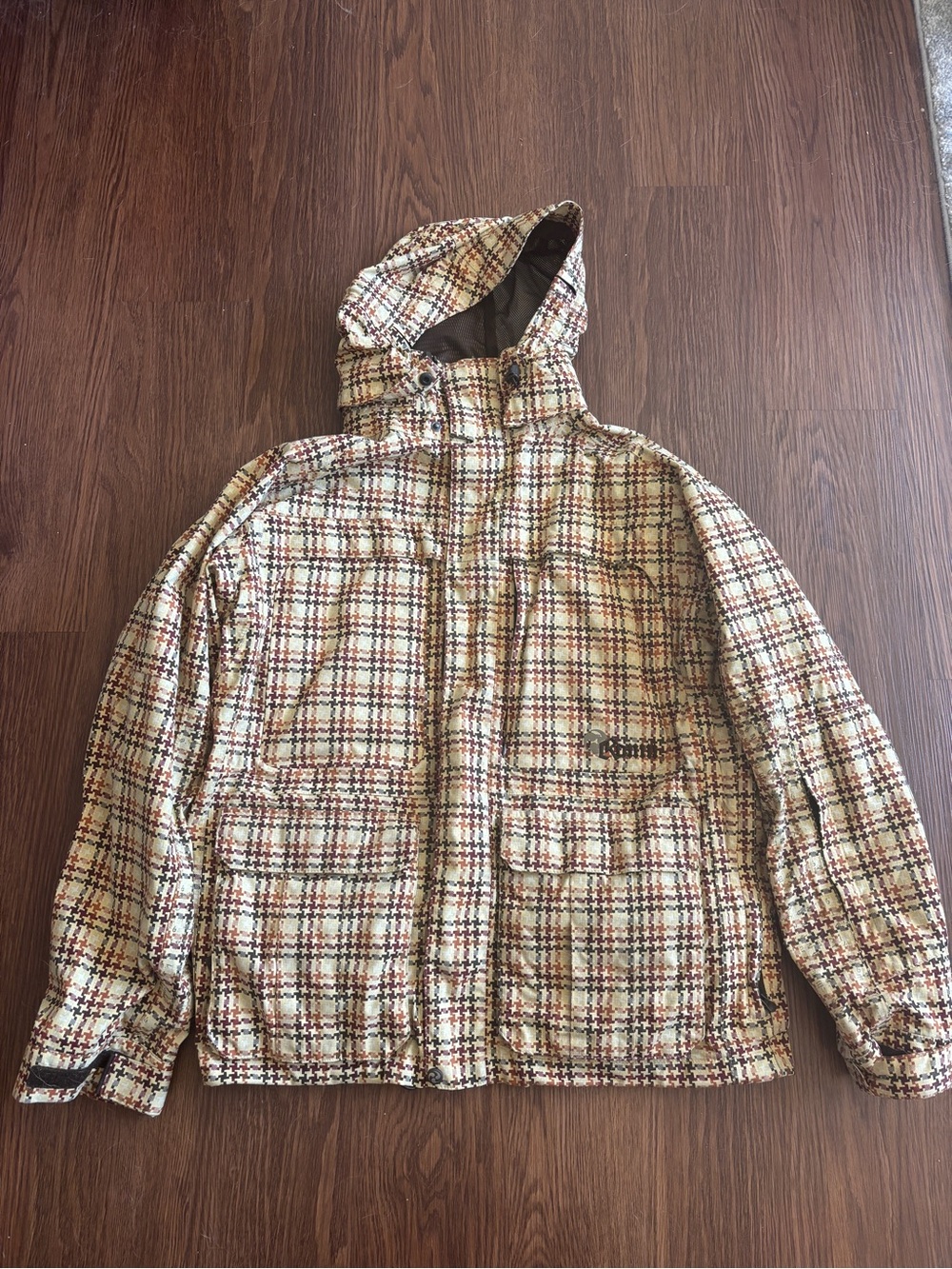 Burton Plaid Hooded Ski Jacket in Cream and Brown